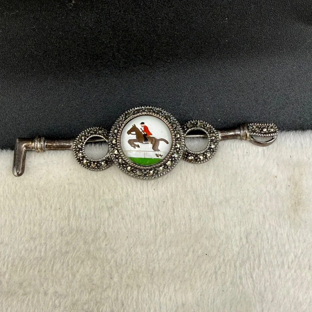 Vintage Sterling Silver Brooch Marcasite Equestrian Hunt Bar
